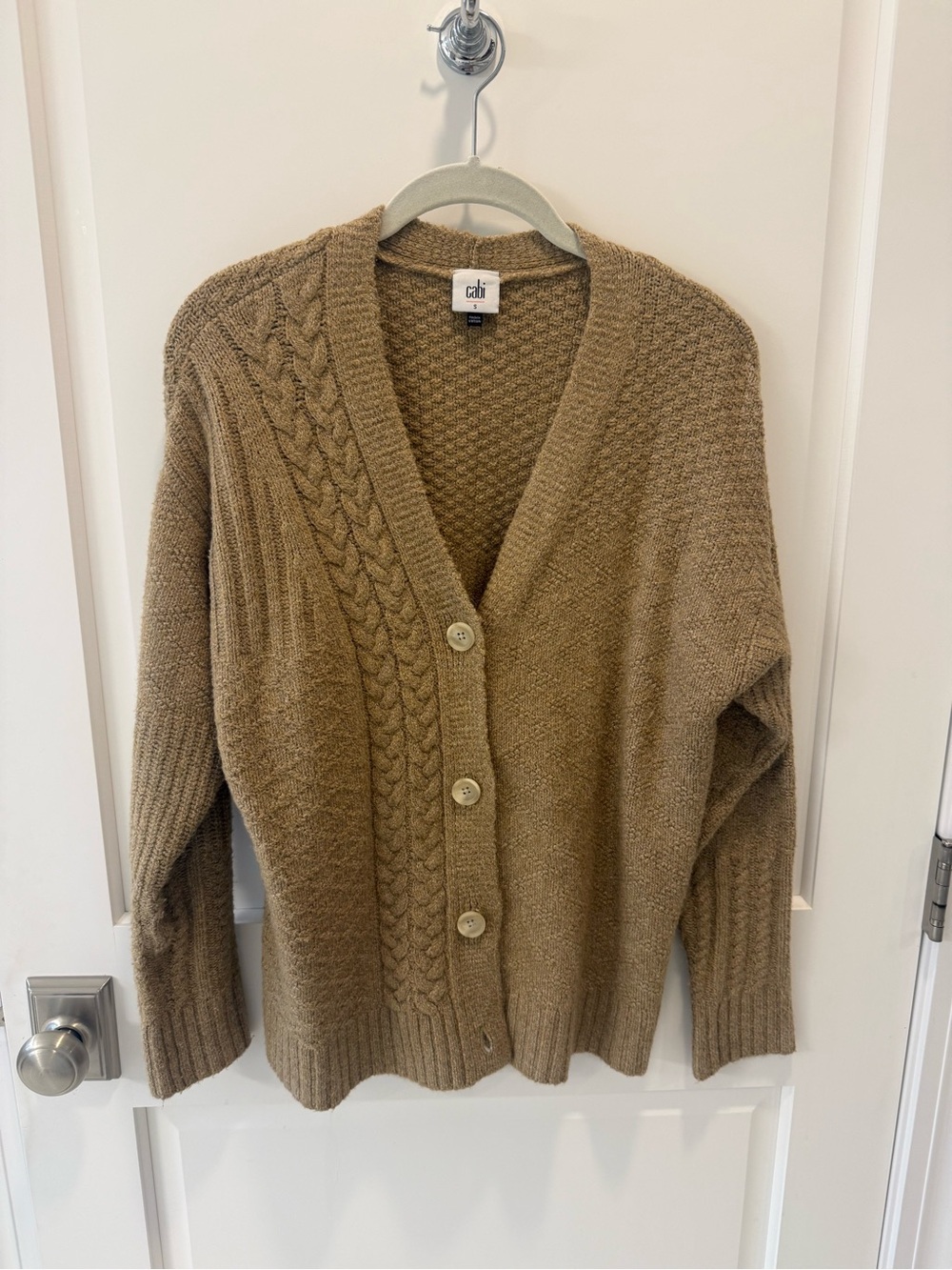 CAbi tan cable knit button-front cardigan
